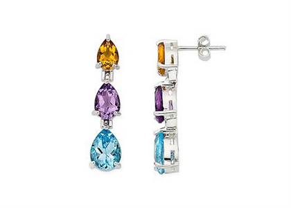 Rhodium Plated Multicolored Gemstone Drop Earring